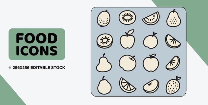 Art of collection of handdrawn food icons featuring various fruits and other food items, presented in a clean, simple style for easy integration into designs vector