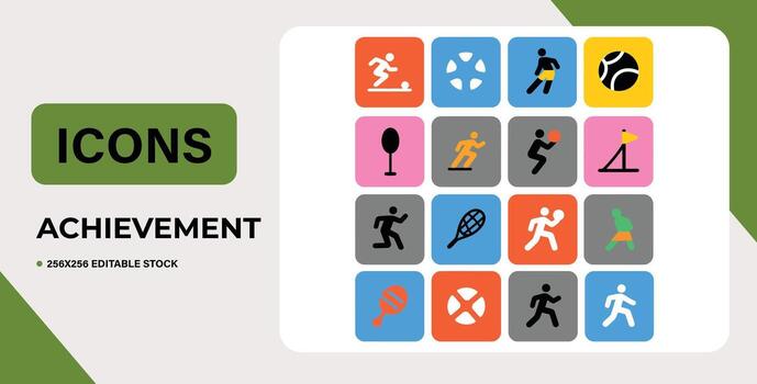 Art of a collection of modern flat icons representing achievement, commerce, and data management, perfect for digital interfaces and presentations vector