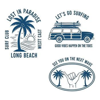 Art of collection of nine retrostyle surf badges and patches featuring palm trees, waves, and sunsets, perfect for summer beach vibes vector