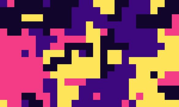 Abstract pixel art background. Vibrant geometric shapes in pink, yellow, purple black create a dynamic, energetic design. Ideal for tech, gaming, or modern design projects. vector