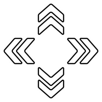 Arrow cluster icon. Green outlined chevrons pointing up, down, left, right. Indicates navigation, orientation, digital movement, or data flow. vector