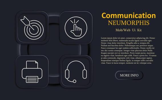 Communication set icon. Target with arrow, click gesture, printer with paper, headset support, minimalist outline design, rounded squares, neumorphic appearance, digital user interface. vector