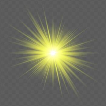 Yellow radial flare with glowing starburst, soft gradient and transparent background. Suitable for magical, festive or romantic visual design projects. vector