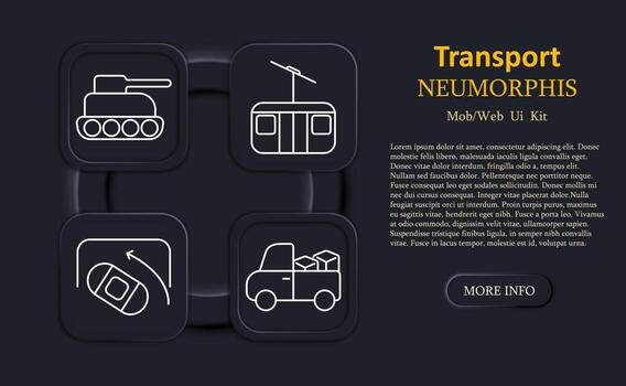transporte conjunto icono. tanque, tranvía, torneado vehículo, recoger camión con cajas, redondeado cuadrícula, neumorfo minimalista diseño, lineal digital iconos, sencillo contornos, móvil web interfaz. vector
