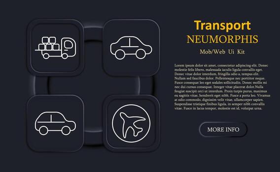 transporte conjunto icono. camión con carga cajas, carros, avión, redondeado cuadrícula, minimalista lineal diseño, neumorfo digital estilo, sencillo contornos, móvil y web usuario interfaz. vector