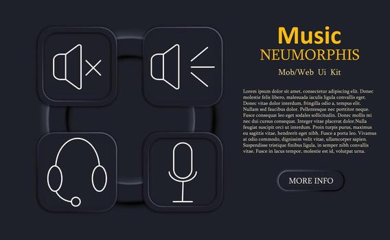 Music set icon. Muted speaker, loud speaker, headset, microphone in neumorphic outline style for audio settings, communication, podcast or streaming UI vector