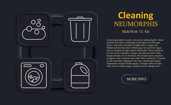 limpieza conjunto icono. jabón con burbujas, basura compartimiento, Lavado máquina, y detergente botella desplegado en minimalista línea estilo en neumorfo interfaz losas vector