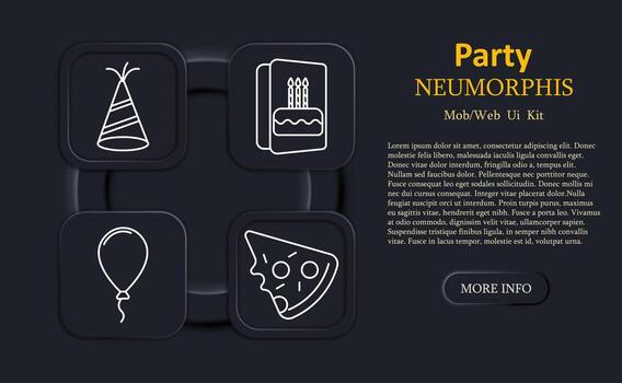 Party set icon. Party hat, birthday card with cake, balloon with string, and pizza slice drawn in line style on neumorphic interface squares for celebration themes vector