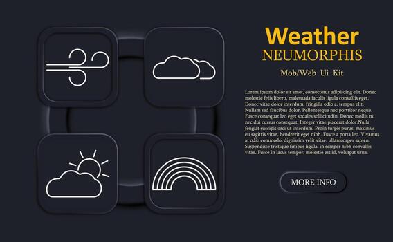 Weather set icon. Wind swirl, clouds, partly sunny, rainbow in neumorphic outline style for meteorology, forecast, mobile weather dashboard or climate UI tools vector