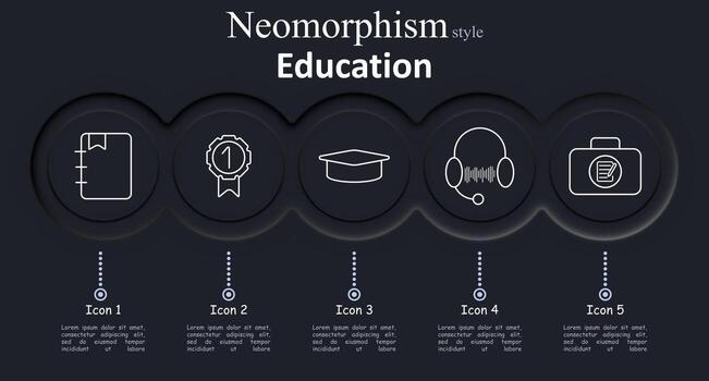 Education set icon. Notebook, award badge, graduation cap, headset with wave, case with paper in outlined neomorphic circular icon frames. vector