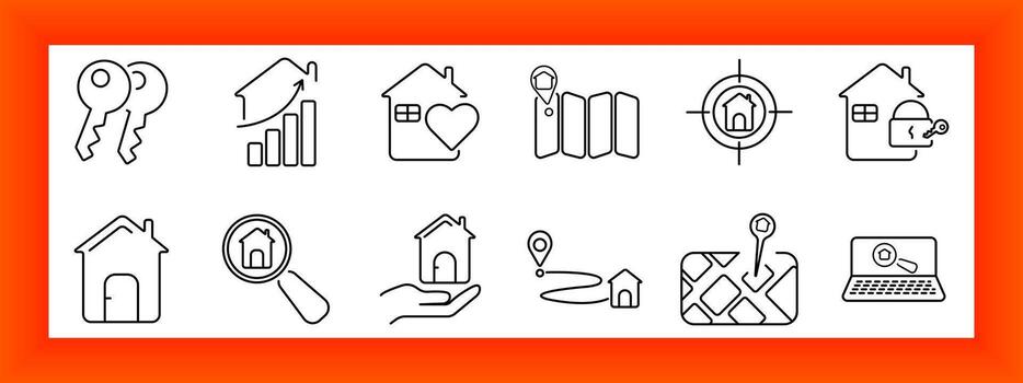 real inmuebles y alojamiento conjunto icono. llaves, casa, cuadro, aumentador vaso, cerrar con llave, alfiler, mapa, y mano visuales mostrado en lineal estilo para propiedad, navegación, y propiedad contexto. vector