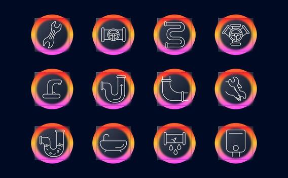 Pipework and plumbing set icon. Outlined visuals of wrench, connector, curve, elbow, clog, leak, tap, valve, tub, heater inside glowing gradient circles on dark background. vector