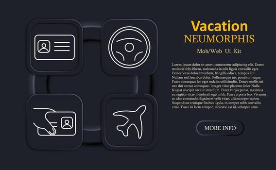 Vacation set icon. Identification card, steering wheel, person handing card, and airplane drawn in outline on dark neumorphic UI for travel verification themes vector