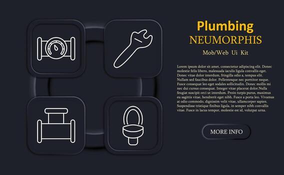 Plumbing set icon. Pressure gauge pipe, wrench tool, pipeline connector, toilet bowl, minimalist neumorphic style, linear rounded squares, digital design, simple user interface elements. vector