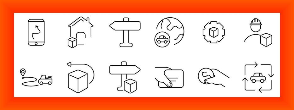 entrega y navegación conjunto icono. teléfono inteligente mapa, casa, la carretera firmar, globo con auto, engranaje, trabajador con caja, ubicación, camión ruta, flecha con caja, pago tarjeta, moneda mano, coche rotación. vector
