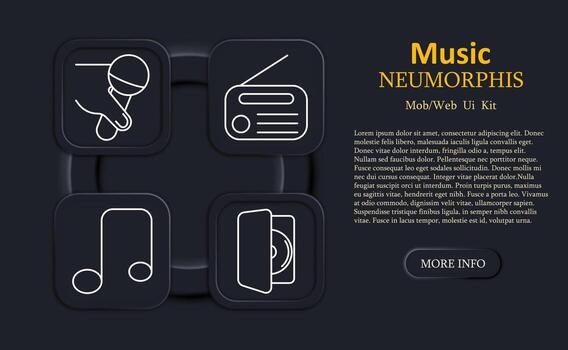 Music set icon. Hand holding microphone, radio, musical note, and CD in case outlined in white on neumorphic buttons for audio broadcasting themes vector