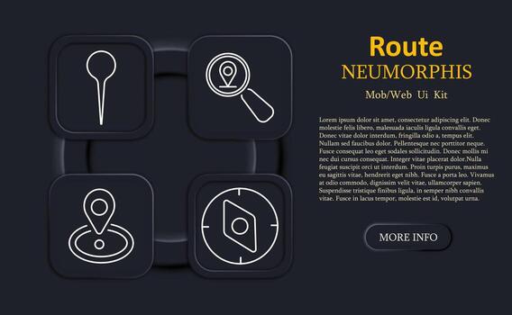 Route set icon. Neumorphic icons show location pin, magnifier with map pin, map marker ring, compass needle in outlined white on dark square buttons vector