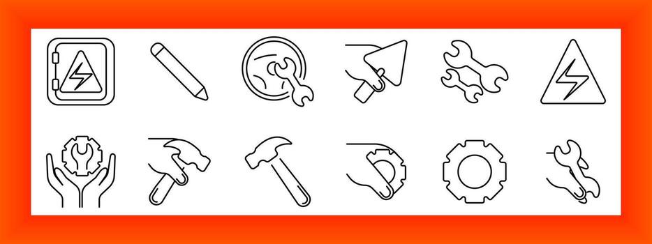 Construction and maintenance set icon. Tools, hammer, gear, warning, electric box, wrench, safety, and repair visuals rendered with sharp linear strokes and minimal styling. vector