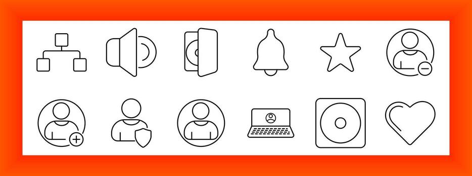 User interface set icon. Includes flowchart, speaker on off, bell, star, user with minus, user with plus, shield, profile, laptop, disc, heart vector