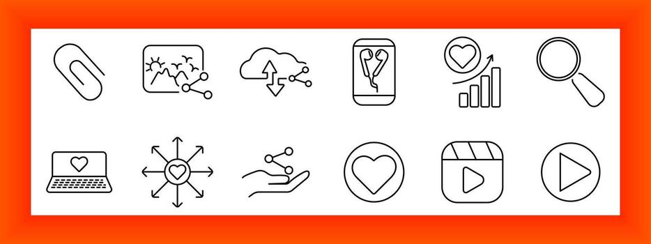 Social media set icon. Heart, share, click, play, image, link, graph, magnifier, earphones, cloud, laptop, connection, and reel drawn with minimal outlines vector