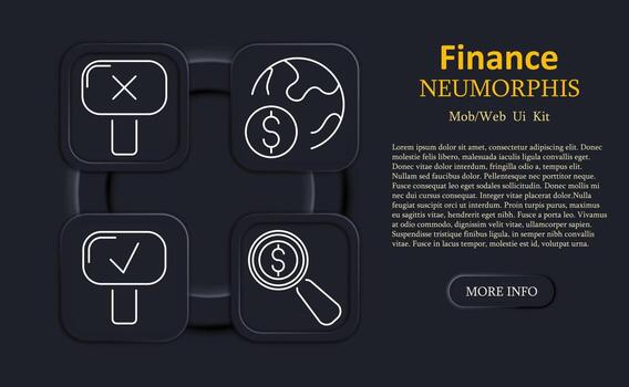 Finance set icon. Cancel signpost, globe with coin, checkmark signpost, magnifying glass with dollar sign, linear outline style, neumorphic square UI financial icons. vector