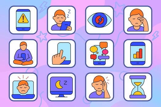 Digital fatigue set icon. Displays phone alert, tired user, strained eye, sleepy screen, headache, usage chart, messaging overload, hourglass, seated posture, tap gesture, data fatigue vector