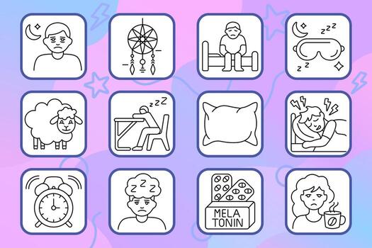 Sleep problems set icon. Late thoughts, dreamcatcher, poor rest, eye mask, counting sheep, desk sleep, pillow, pain, melatonin, caffeine. vector
