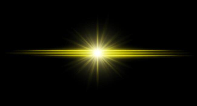 Yellow flare. Bright horizontal glow with radial light beams, high contrast center burst on dark background, clean illumination with sharp edges and soft halo. vector