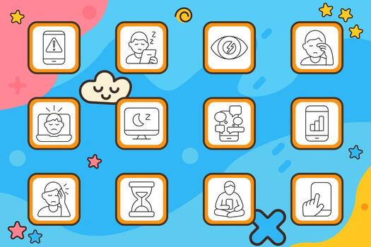 Digital fatigue set icon. Mobile alert, drowsy user, eye pain, face rub, screen overload, night monitor, app bubbles, smartphone usage, headache, hourglass, man with tablet, hand on screen vector