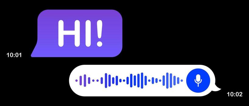message set icon. Message bubbles with waveform, playback icon, timestamp, duration, reaction emojis, like symbol and contrasting light vector