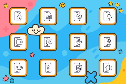 Mobile app function set icon. Smartphone screen icons with symbols for charts, messages, wallets, locks, notifications, GPS, Bluetooth, and smart home controls in outlined flat style vector