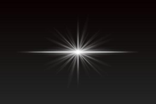 White starburst light with sharp rays and glow effect. Radiating flare creates elegant highlight for spotlight, flash, or sparkle visuals. vector