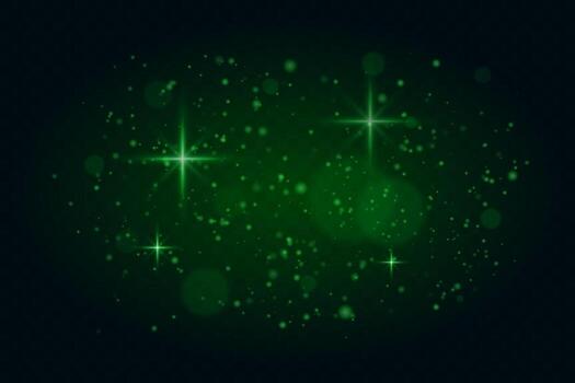 espumoso partículas con verde resplandor y suave ligero bengalas en oscuro antecedentes. amable centelleo efecto para festivo o soñador escenas vector