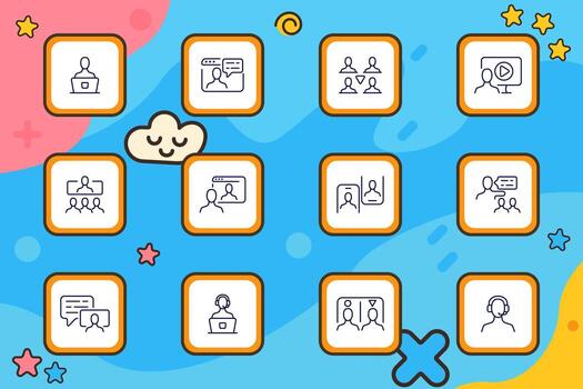 Communication set icon. Outlined human figures with computers, speech bubbles, calls, team views, presentations, and chat screens in colorful tile layout vector