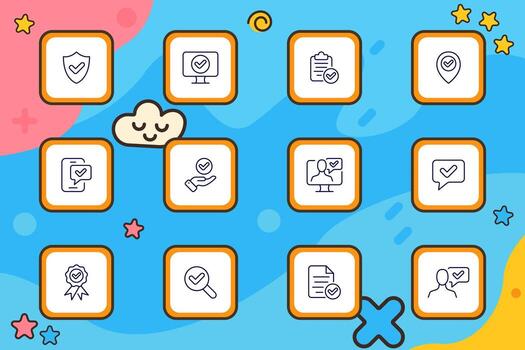 Approval set icon. Line icons of checkmarks placed on documents, screens, clipboards, maps, shields, users, and speech bubbles displayed in square tiles vector