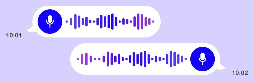 Messaging icon. Voice messages in chat interface, light theme, sound waveforms, play controls, conversation screen, digital reply, mobile UI, clean layout, timestamp, user dialog. vector