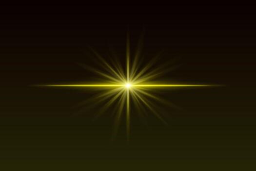 Yellow starburst light with sharp rays and glow effect. Radiating flare creates elegant highlight for spotlight, flash, or sparkle visuals. vector