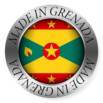 Made in Grenada button icon. Circular emblem with metallic border, glossy central flag, and bilingual label indicating product origin and international manufacturing identity. vector