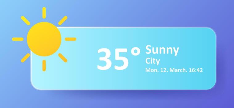 Weather forecast button. Large yellow sun icon with rays on left, blue gradient panel showing 35 temperature, sunny condition, city label, weekday, date, and time in white text. vector