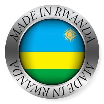 Made in Rwanda button icon. Circular emblem with metallic border, glossy central flag, and bilingual label indicating product origin and international manufacturing identity. vector