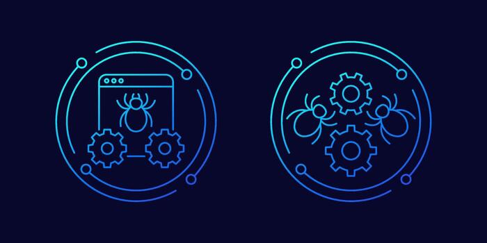 computer bugs and debugging icons, linear design vector