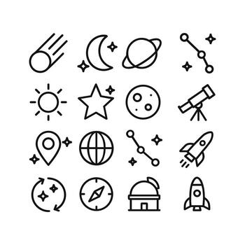 Simple Outline Astronomy and Space Icon Set with Comet and Rocket vector