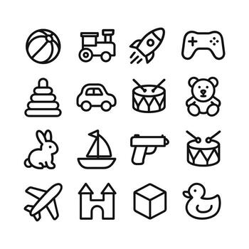 Simple Outline Toy Line Icon Set Featuring Airplane, Train and Other Objects vector