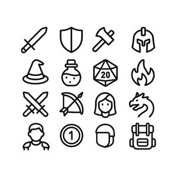 Outline Simple Fantasy Game Element Object and Sign Icon Set vector