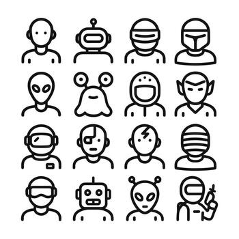 Outline Simple Style Different Characters and Creatures Avatar Icon Set vector