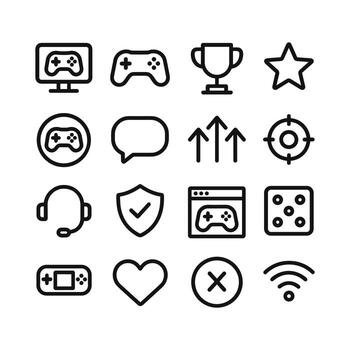 Outline Simple Gaming Elements with Controller and Trophy Icon Set vector