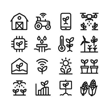 Minimal Outline Smart Farming and Agriculture Technology Icon Element Set vector