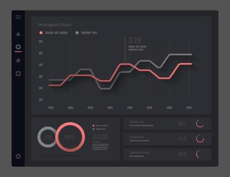 Web app Dashboard UI and UX Kit. Elements of infographics on a black background. Use in presentation templates, mobile app and corporate report. vector