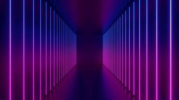 movimento inoltrare attraverso un' luminosa neon tunnel con geometrico modelli e vivido viola-blu illuminazione nel un' futuristico ambiente. vuoto neon illuminato tunnel con verticale raggiante Linee. video