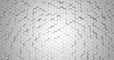 hexagonal mönster bakgrund med 3d effekt abstrakt hexagonal rutnät slumpvis rörelse med rena vit geometri och 3d djup, skapande en minimalistisk och trogen visuell textur. video